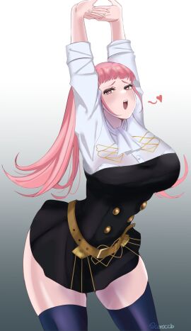 1girls arms_up big_breasts blunt_bangs blush breasts ceroccb female fire_emblem fire_emblem:_three_houses garreg_mach_monastery_uniform hilda_valentine_goneril nintendo pink_eyes pink_hair solo_female standing stretching tagme thick_thighs thighhighs thighs