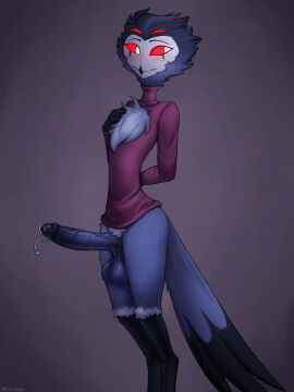 absurd_res avian balls bodily_fluids dripping genital_fluids genitals hellaverse helluva_boss hi_res humanoid_genitalia humanoid_penis leaking_precum male male_only penis precum precum_drip red_eyes seraziel solo stolas_(helluva_boss) tuft