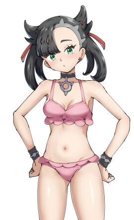 black_hair breasts choker earrings female female_only green_eyes light-skinned_female light_skin maho_(corotonton5150) marnie_(pokemon) nintendo pokemon solo swimsuit teenage_female teenager twintails wristbands