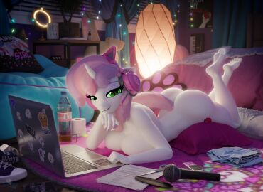 3d_(artwork) absurd_res aged_up american_idiot_(album) anthro anthrofied ass barefoot bed bedroom bedroom_eyes big_breasts blender_(artwork) breast_squish breasts bubble_ass bubble_butt clothing colored_nails computer cutie_mark digital_media_(artwork) electronics equid equine eyeshadow feet feet_up female female_anthro folded_clothes friendship_is_magic fully_nude furniture green_day green_eyes hair hasbro headphones headphones_only headset hi_res hooves-art horn huge_ass huge_breasts inside laptop laying_down linkin_park looking_at_viewer lying makeup mammal microphone multicolored_hair my_little_pony mythological_creature mythological_equine mythology nails narrowed_eyes nude nude_anthro nude_female on_bed on_front seductive solo squish sweetie_belle_(mlp) tagme two-tone_hair two-tone_tail unicorn white_body white_skin
