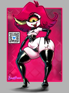 1_eye 1girls alternate_version_available armwear black_corset black_eyes black_gloves black_thighhighs black_thong blushpanda breasts corset elbow_gloves fangs female female_only footwear full_body gloves hand_on_hip hazbin_hotel heels high_heels hips latex latex_clothing latex_gloves latex_thighhighs niffty orange_sclera red_hair short_hair shortstack small_breasts smile solo solo_female tattoo tattoo_on_thigh thick_thighs thighhighs thighs thong white_body white_skin wide_hips