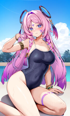 1girls blue_eyes blush breasts citlali_(genshin_impact) facial_markings female female_only foxyrain_(foxyreine) foxyreine genshin_impact hair_ornament light-skinned_female light_skin long_hair one-piece_swimsuit pink_hair swimsuit twin_braids