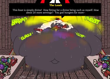 absurd_res ambiguous_gender animate_inanimate anthro blood_in_mouth blood_on_face bodily_fluids bovid caprine crown cult_of_the_lamb dirtymac fart fat fat_belly food fur gas gassy grease headgear hi_res horn lamb_(cult_of_the_lamb) mammal massive_monster_(studio) obese obese_anthro overweight overweight_anthro red_crown_(cult_of_the_lamb) sheep slob wool_(fur)