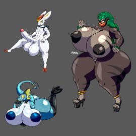 absurd_res anthro ape areola areolae ass balls bao_(jiqqy) big_areola big_ass big_balls big_breasts big_butt big_penis black_body blue_body breasts cinderace clothing conga_(jiqqy) female footwear generation_8_pokemon genitals gorilla green_hair group hair haplorhine hi_res high_heels huge_areolae huge_breasts inteleon jiqqy lagomorph large_areolae leporid lizard male nintendo penis platform_heels pokemon pokemon_(species) primate rabbit reptile rillaboom scalie shoes sydney_(jiqqy) tail trio white_body