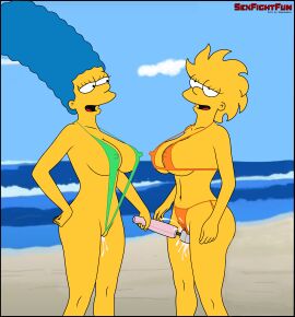 20th_century_studios 2girls accurate_art_style age_difference aged_up beach between_labia bikini bikini_bottom bikini_top breasts duo female female_only green_bikini human incest innie_pussy lisa_simpson looking_at_another marge_simpson mostly_nude mother_and_daughter multiple_females multiple_girls nipple_bulge nipples nipples_visible_through_clothing ocean open_mouth orgasm outdoors pussy pussy_ejaculation pussy_juice sand sex_toy sexfightfun smile the_simpsons vibrator yellow_body yellow_skin yuri