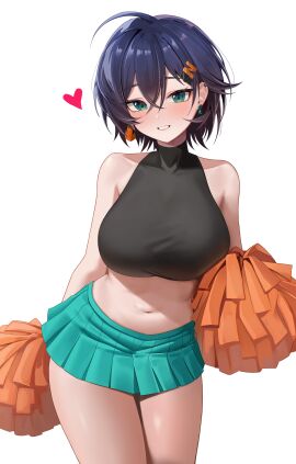 belle_(zenless_zone_zero) big_breasts blue_hair blush blushing_at_viewer breasts cheerleader cheerleader_outfit crop_top earrings female female_focus green_eyes hoyoverse large_breasts looking_at_viewer mau mau_(artist) midriff miniskirt pom_poms short_skirt skirt smiling sole_female thick_thighs thighs_together zenless_zone_zero
