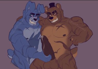 anthro balls bear bodily_fluids bonnie_(fnaf) clothing duo eye_scar facial_scar five_nights_at_freddy's five_nights_at_freddy's_4 freddy_(fnaf) freddyxbonnie gay genital_fluids genitals hand_around_back handjob hat headgear headwear holding_penis lagomorph leporid male male/male mammal muscular muscular_male nightmare_bonnie nightmare_bonnie_(fnaf) nightmare_freddy nightmare_freddy_(fnaf) nipples orange_eyes penile penis precum purple_eyes rabbit scar scars_all_over scottgames sex side_hug slizzyjasper top_hat whiskers