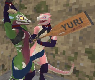 3d anthro bondage bound breasts clothing cuff_(restraint) digital_media_(artwork) duo english_text female female/female genitals hi_res horn kobold kobold_dellarte kret low_poly pussy reptile restraints scalie shocked simple_background submissive tail text tik_tik