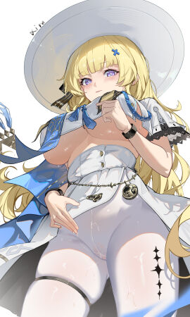 1girls absurdres alternate_breast_size black_bow blonde_hair blush bow breasts bright_pupils closed_mouth cowboy_shot crop_top female female_only from_below gusset hair_ornament hairbow hat highres huade_xiami large_breasts long_hair looking_at_viewer pantyhose phoebe_(wuthering_waves) purple_eyes pussy pussy_juice pussy_juice_trail shirt signature simple_background skirt solo solo_female striped_bow tacet_mark_(wuthering_waves) underboob very_long_hair white_background white_hat white_pantyhose white_pupils white_shirt white_skirt wuthering_waves x_hair_ornament