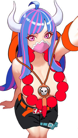 1girls 2d 2d_(artwork) armband bare_arms bare_shoulders bare_thighs belt belt_buckle big_breasts blue-haired_female blue_hair breasts clothed clothing color cowboy_hat digital_art digital_media_(artwork) eyelashes eyes face_mask female female_focus female_only hat hi_res highres horns large_breasts light-skinned_female light_skin long_hair looking_at_viewer mask multicolored_hair mutsumomo no_bra one_piece open_eyes pink_eyes portgas_d_ace_(cosplay) pouch selfie shorts shounen_jump simple_background solo solo_female thick_thighs two-tone_hair ulti_(one_piece) white_background white_hornn