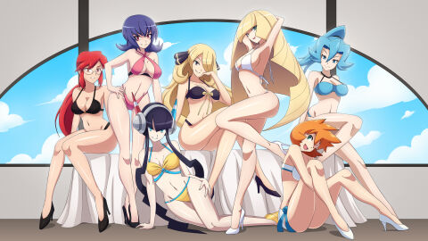 1milf 6+girls 7girls aether_foundation armpits arms_up belly big_breasts bikini black_hair blonde_hair blue_hair breasts champion clair_(pokemon) cleavage clothed clothed_female cynthia_(pokemon) dmy-gfx elesa_(pokemon) elesa_(pokemon_bw2) elite_four female female_focus female_only fully_clothed glasses gym_leader headphones high_heels hourglass_figure human human_only kasumi_(pokemon) large_breasts long_blonde_hair long_hair long_legs lorelei_(pokemon) lusamine_(pokemon) mature_female medium_breasts midriff milf mother multiple_females multiple_girls navel orange_hair photo pink_hair pokemon pokemon_bw pokemon_bw2 pokemon_champion pokemon_dppt pokemon_gsc pokemon_hgss pokemon_rgby pokemon_sm ponytail posing_for_the_viewer purple_hair red_eyes red_hair sabrina_(pokemon) sabrina_(pokemon_hgss) shiny_skin short_hair short_orange_hair sitting swimsuit take_your_pick thigh_focus video_games vivivoovoo