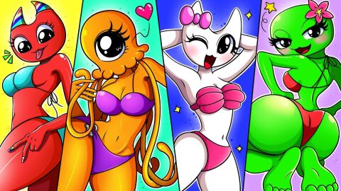 4girls banbaleena banban_(garten_of_banban) bikini blue_bikini content_farm_channels elsagate female female_only garten_of_banban green_body happy happy_female heart_symbol jumbo_josh maid_uniform no_sex orange_body pink_bikini pink_bow purple_bikini red_bikini red_body rule_63 slime_cat stinger_flynn tagme unofficial what what_the_fuck white_body youtube