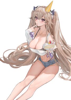 1girls absurdres anchorage_(azur_lane) azur_lane black_panties booty_shorts breasts cake denim denim_shorts eagle_union_(azur_lane) female highres large_breasts licking_fingers light-skinned_female light_skin long_hair nineye panties party_hat short_shorts shorts twintails underwear very_long_hair