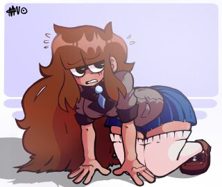 1girls black_eyes blazer breasts brown_hair clothing commission female female_only frown full_body long_hair looking_away_from_viewer mary_janes nannocansado nervous no_nose on_hands_and_knees original original_character pleated_skirt short_sleeves simple_background skirt solo sweatdrop thick_thighs thighhighs thighs wide_hips