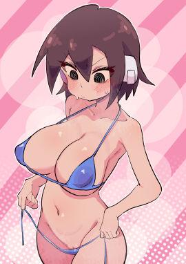 absurdres aile_(mega_man_zx) armpits bikini black_eyes blue_bikini blush breasts brown_hair buzzlyears covered_nipples cowboy_shot female highres large_breasts mega_man mega_man_(series) mega_man_zx open_clothes pink_bag pussy ringed_eyes robot_ears short_hair solo sweat swimsuit untied_bikini