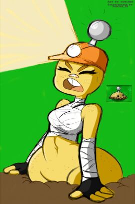 1girls 2d 2d_(artwork) adhesive_bandage ass ass_bigger_than_head bandage big_ass big_teeth breasts closed_eyes colored colored_sketch cumlord cumlord_(artist) curvaceous curvy curvy_female curvy_figure dirt female female_only green_background helmet just_coffee lantern miner_helmet painter_12 plantie plants_vs_zombies popcap_games potato potato_mine_(pvz) pvz shaded simple_background small_breasts vegetable