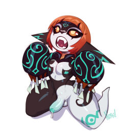 2024 balls black_body bodily_fluids foreskin genital_fluids genitals green_body hair hi_res humanoid humanoid_pointy_ears imp kneeling male male_only nedoiko nintendo nipples nude open_mouth orange_eyes orange_hair penis precum shortstack solo the_legend_of_zelda twili twilight_princess uncircumcised white_body zant