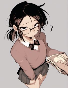 1boy 1femboy black_hair blush bottomless bowtie cock crossdressing crossdressing_male curvy dick embarrassed femboy flaccid flaccid_penis flushed foreskin girly glasses high_resolution highres karasu_raven_(style) low_ponytail male male_focus male_only male_prostitute male_prostitution money original original_character penis precum prostitution school_uniform schoolgirl_uniform seductive sissy skirt sweater tomgirl trap uncircumcised whinyzza