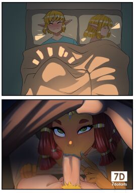 1boy 2girls 7dollarts :>= blonde_hair blue_lips blue_lipstick blue_nails breath_of_the_wild cuckquean dark-skinned_female dark_skin fellatio fellatio_under_sheet female gerudo gray_lips gray_lipstick gray_nail_polish gray_nails light-skinned_male light_skin link link_(tears_of_the_kingdom) lipstick lipstick_blowjob male male_pov nail_polish nintendo nude oral pointy_ears pov princess_zelda red_hair riju sheet_grab sheets stealth_oral stealth_sex tears_of_the_kingdom the_legend_of_zelda under_covers under_sheets under_the_covers wake_up_blowjob zelda_(tears_of_the_kingdom)