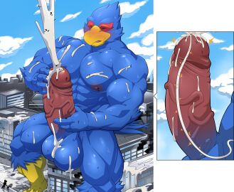 absurd_res anthro avian balls beak bird blue_body blush bodily_fluids building city closed_eyes cock_vore cum cum_on_balls cum_on_chest cum_on_penis erection excessive_cum excessive_genital_fluids falco_lombardi genital_fluids genitals hi_res internal macro maldu male male_only masturbation muscular muscular_male nintendo orgasm penile penis sitting solo star_fox urethra vore