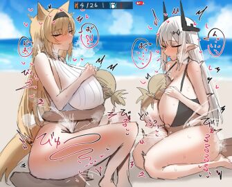 2boys 2girls animal_ears arknights beach between_breasts bikini_top blonde_hair blush breasts closed_eyes cum cum_inside durin_(race)_(arknights) embrace female head_between_breasts hearts horn/wood horn_(arknights) horns japanese_text kneeling large_breasts legs light-skinned_female light_skin long_hair male male/female mudrock_(arknights) mudrock_(silent_night)_(arknights) nipples ocean outdoors pointy_ears public public_sex riding short_male smaller_male steaming_body straddling straight sweat sweating swimsuit tagme tail taller_female text thick_thighs thighs visible_breath white_hair