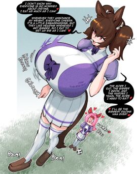 2girls big_breasts bigger_female blush breast_expansion breast_focus breast_growth breasts breasts_bigger_than_body breasts_bigger_than_head breasts_bigger_than_torso brown_hair brown_shoes bursting_breasts busty curvy_female digital_media_(artwork) expansion female giantess gigantic_breasts grass growth growth_drive happy happy_female haru_urara_(umamusume) height_growth hishi_akebono_(umamusume) huge_breasts hyper hyper_breasts hyper_genitalia purple_clothing red_eyes school_uniform schoolgirl size_difference taller_female text the_varking thevarking umamusume voluptuous voluptuous_female