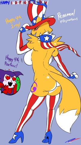 4th_of_july american_flag_armwear american_flag_clothing american_flag_hat american_flag_headwear american_flag_high_heels american_flag_legwear american_flag_thigh_highs anthro ass bandai_namco big_ass big_breasts big_butt blush breasts breasts_out canid canine digimon digimon_(species) digimon_tamers duo fakeryway female female_fox fox heart_eyes heart_symbol hi_res holidays humanoid imp impmon male male/female mammal monster_boy mostly_nude mostly_nude_anthro pleasure_castle renamon thick_thighs
