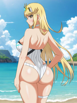 ass back back_focus female hata_(pixiv10403940) highleg looking_at_viewer looking_back mythra mythra_(radiant_beach)_(xenoblade) swimsuit xenoblade_(series) xenoblade_chronicles_2