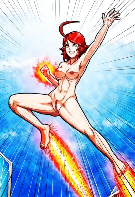 1girls 2024 2d 2d_(artwork) abs action_lines action_pose ahoge amber_eyes artemis-polara artemispolara barefoot breasts dark_nipples feet female female_only fire fit fit_female flying kamen_america kamen_america_(series) kamen_comet looking_at_viewer magic misha_lovacova nail_polish no_sex nude pubic_hair pussy red_hair short_hair solo solo_female superpowers vagina