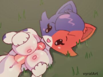 2025 animated anthro big_breasts bird's-eye_view breast_play breasts cate_meowdy_(fortnite) disembodied_penis domestic_cat duo epic_games erection felid feline felis female female_focus fortnite genitals glistening glistening_breasts grass high-angle_view human human_on_anthro interspecies light_body light_skin loop lying male male/female mammal navel nipples nude on_back on_ground open_mouth penis plant sex smile solo_focus titjob vyralart wide_eyed