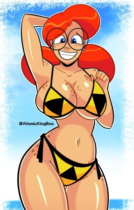 1girls 2d_(artwork) artist_name atomickingboo big_breasts bikini blue_eyes breasts busty curvaceous curvy curvy_figure digital_media_(artwork) female female_only freckles freckles_on_breasts freckles_on_shoulders glasses hips hourglass_figure huge_breasts large_breasts light-skinned_female light_skin oc orange_hair original original_character red_hair slim_waist smile solo terra_mandrile the_besties_(atomickingboo) thick_hips thick_thighs triforce_bikini triforce_panties triforce_symbol voluptuous voluptuous_female waist wide_hips