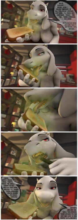 1girls 3_panel_comic 3d bad_breath comic deltarune female food_play goat licking marthaah saliva sfm smell smelly spit stinky toast toriel undertale yellow_teeth