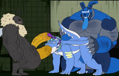 absurd_res anal anthro arm_hair arthropod bee black_body blue_body blue_tongue bodily_fluids body_hair bumble_bee_(species) chest_hair diphallia diphallism dragon dripping facial_hair foreskin genitals glans group group_sex hi_res hymenopteran insects lagomorph leg_hair leporid male male/male male_anthro mammal miel_the_bumblebee multi_genitalia multi_penis muscular muscular_anthro muscular_male mythological_creature mythological_scalie mythology nastybluepal oral oral_penetration penetration penis purple_glans rabbit retracted_foreskin saliva saliva_drip saliva_on_tongue scalie sex tail threesome tongue uncircumcised wings yellow_penis