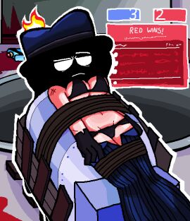 1girls 2d arcaned_roses black_bra black_hair black_panties blue_pants bound_torso female female_only light-skinned_female light_skin long_hair mystery_(roses_arcaned) roses_arcaned solo spy_(team_fortress_2) tagme team_fortress_2 tied_up