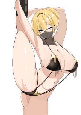 1girls ammak areolae areolae_slip big_breasts black_slingshot_swimsuit blonde_hair breasts cleavage evelyn_chevalier female female_only hair hair_bun huge_breasts leg_grab leg_up legs legwear mouth_veil purple_eyes raised_leg revealing_clothes skimpy skimpy_clothes slingshot_swimsuit solo solo_female thighs tied_hair zenless_zone_zero