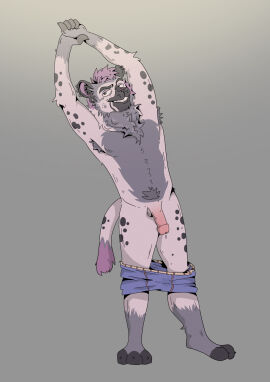 2025 anthro arm_tuft armpit_hair balls belly_hair body_hair bottomwear bottomwear_down chest_hair clothed clothing dripping ear_piercing elbow_tuft feet flaccid genitals glassesdumpster grey_background grey_hair grin hair happy_trail hi_res humanoid_genitalia humanoid_penis hyena looking_aside male mammal partially_clothed penis piercing pubes purple_hair shorts shorts_down shorts_only simple_background smile solo standing stretching topless tuft