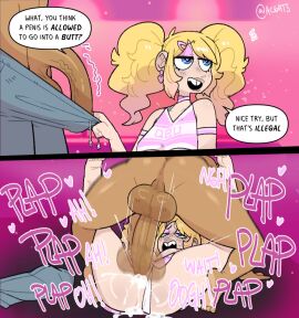 1boy 1girls anal anal_penetration anal_sex anus ass balls balls_deep ballsack bedroom_eyes big_breasts blonde_female blonde_hair blushing brat breasts buckteeth cheerleader cock_drunk comic cum cum_in_ass dark-skinned_male dark_skin dialogue dick earrings ecstasy eyeshadow feet feet_up female fucked_into_submission fucked_senseless fucked_silly gats instant_loss_2koma large_breasts large_penis legs_apart legs_up makeup male maledom mating_press merciless_pounding motion_lines nipples panties_aside penetration penis rough_anal rough_anal_sex rough_pounding submissive_female tan_body