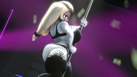 1girls 3d 3d_(artwork) ass back bare_shoulders black_bra black_eyes black_lips black_panties black_thighhighs blonde_hair blurry blurry_background blush_stickers bra breasts charlie_morningstar charlie_morningstar_(hazbin_hotel) colored_skin dutch_angle eyeshadow from_behind from_side hair_tie hand_up happy hazbin_hotel hellaverse holding holding_pole huge_breasts ironhawk large_breasts long_hair looking_at_viewer looking_back low-tied_long_hair makeup multicolored_skin open_mouth panties personification pole pole_dancing sideboob smile solo standing stripper stripper_pole tagme teeth thick_thighs thighhighs thighs underwear underwear_only video vivienne_medrano vivziepop white_skin wide_hips