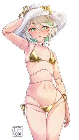 1girls 2d 2d_(artwork) alternate_costume bikini bikini_bottom blush breasts cecilia_immergreen covering_breasts doll doll_girl doll_joints fanart fanart_from_twitter female female_focus female_only front_view golden_bikini golden_bikini_bottom golden_bikini_top golden_swimsuit green_eyes green_hair hat high_resolution highres holding_hat hololive hololive_english hololive_english_-justice- light-skinned_female light_skin looking_at_viewer revealing_swimsuit short_hair simple_background slim_female small_breasts solo solo_female solo_focus standing swimsuit swimwear takoroki thong thong_bikini two-tone_hair two_piece_swimsuit virtual_youtuber vtuber vtuberfanart white_background white_hair young younger_female