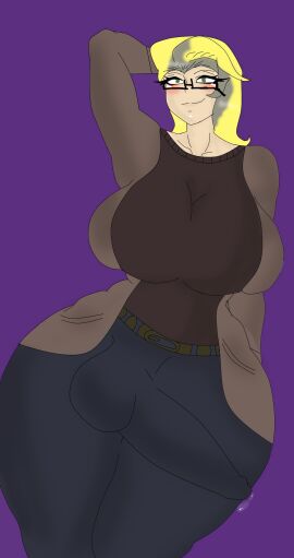 1futa balls breasts brown_jacket brown_shirt bulge bulge_through_clothing clothed clothing enpety5172 erection female fully_clothed futa_only futanari glasses grey_hair huge_breasts huge_cock huge_thighs human intersex jeans light_skin milf mother odessa_mother penis precum smug solo standing yellow_hair