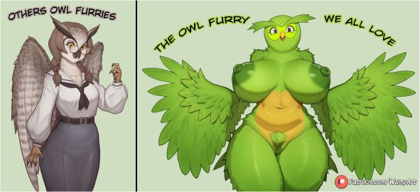 2girls ai_generated artist_name beak belt black-framed_eyewear black_belt black_skirt braid breasts brown_hair claws colored_skin curvy duolingo english_text excessive_pubic_hair feathered_wings feathers female female_pubic_hair furry furry_female glasses green_background green_feathers green_skin green_wings hand_up harpy huge_breasts large_areolae large_breasts long_hair long_sleeves looking_at_viewer monster_girl multiple_girls navel neckerchief nipples nude open_mouth patreon_logo patreon_username personification plump pubic_hair round_eyewear sailor_collar shirt simple_background skirt smile standing twin_braids watermark web_address white_shirt wide_hips winged_arms wings wumpart yellow_eyes