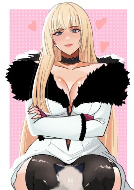 1girls big_breasts blonde_hair blue_eyes breasts cleavage emilie_de_rochefort female female_only fully_clothed heart ihsnet looking_at_viewer salt_(tekken) sitting solo tekken tekken_8 thick_thighs wrong_eye_color