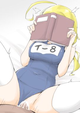 1boy akara_kai blonde_hair book breasts cum female hair_ribbon hat highres i-8_(kancolle) kantai_collection large_breasts low_twintails lying male one-piece_swimsuit ribbon school_swimsuit sex small_breasts stockings straight swimsuit thighhighs twintails white_thighhighs