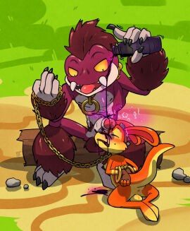 anthro anus argon_vile arms_tied backsack balls ballsack bound chains character_cipher clothing daxter duo erection eyewear eyewear_on_head fur genitals gloves goggles goggles_on_head hair handwear hi_res imp-print_text jak_and_daxter jewelry kneeling log lurker_(jak_and_daxter) male male/male male_only mammal mohawk mustelid naughty_dog necklace nipples nude open_mouth orange_body orange_fur ottsel pecs penis penis_on_face pouring_liquid pouring_on_penis purple_body sitting size_difference sony_corporation sony_interactive_entertainment tail text tusks wood yellow_sclera