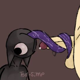ambiguous_gender balls bodily_fluids brown_body duo genital_fluids genitals human humanoid male male/ambiguous mammal noodle_arms penis precum purple_tongue saliva simple_background ted-simp tongue tongue_around_penis unknown_species what what_the_fuck_is_that!?_(ted-simp)
