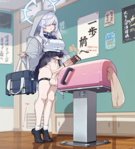 1futa artificial_vagina bag balls bar_censor black_shoes black_skirt blue_bow blue_bowtie blue_eyes blue_halo bottomless bow bowtie breasts breeding_mount censored censored_penis clothed clothes_lift clothing collared_shirt combat_s-ko erection full_body futa_only futanari grey_hair grey_jacket hair_over_one_eye halo highres holding holding_bag hood hood_up hooded_jacket huge_cock indoors intersex jacket large_breasts lifting_own_clothes long_hair long_sleeves mostly_clothed navel one_eye_covered original penis precum school_bag shirt shoes skirt skirt_lift solo standing testicles tiptoes veins veiny_penis white_shirt