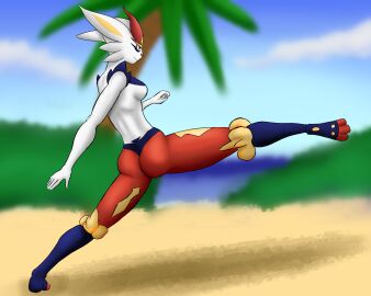 5:4 absurd_res anthro ass beach breasts cinderace cloud female fur generation_8_pokemon hi_res lagomorph leporid nintendo plant pokemon pokemon_(species) rabbit red_body red_eyes sea shrub sky slim solo thesnapperxxx tree water white_body white_fur