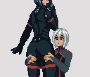 2girls animated ariane_yeong ass ass_grab bodysuit bouncing_ass elster_(signalis) female female_only pixel_animation pixel_art rom34t signalis white_hair yuri