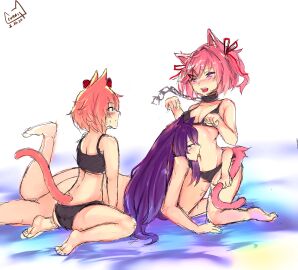 3girls black_bra black_panties blue_eyes bra breasts cat_ears cat_girl cat_girls cat_tail catgirl cleavage collar color colored crunnix doki_doki_literature_club female female/female/female female_only grabbing_tail lesbian long_hair matching_underwear multiple_females multiple_girls natsuki_(doki_doki_literature_club) navel navel_licking neko nekomimi panties pink_eyes pink_hair purple_eyes purple_hair sayori_(doki_doki_literature_club) tail tail_grab underwear yuri yuri_(doki_doki_literature_club)