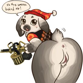 alpha_channel anthro anus ass big_butt blush bodily_fluids bottomless brown_eyes buckteeth clothed clothing dewlap_(anatomy) digital_media_(artwork) english_text eyelashes female floppy_ears fur genitals gun hat headgear headwear heavy_(team_fortress_2) heavy_weapons_guy hi_res lagomorph leporid lop_ears machine_gun mammal no_underwear open_mouth paws png_file pussy rabbit ranged_weapon rear_view red_clothing red_hat red_headwear short_tail simple_background sizzlingmeats sleepwear solo speech_bubble sweat sweatdrop tail team_fortress_2 teeth text transparent_background valve vulva weapon white_body white_fur white_sclera